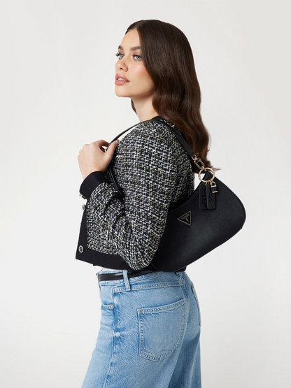 GUESS Noelle Saffiano Shoulder Bag – Black Quilted Faux Leather with Logo Charm