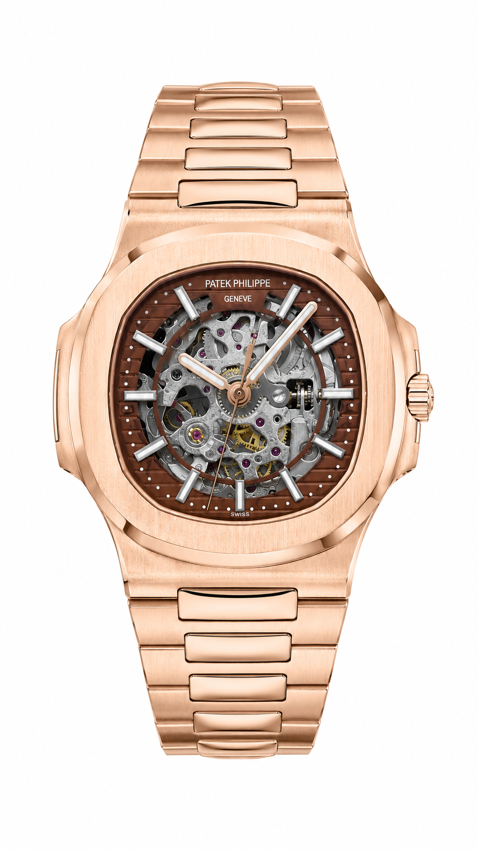 Patek Philippe Patek Philippe Nautilus Skeleton Automatic Watch – Rose Gold Finish, Brown Open-Heart Dial & Integrated Bracelet