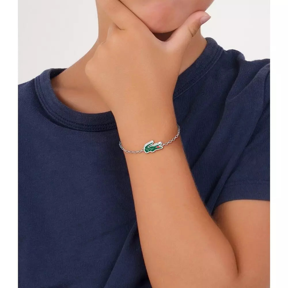 Lacoste Women’s Silver-Tone Chain Bracelet with Green Crocodile Logo – Stainless Steel Adjustable Elegant Fashion Jewelry