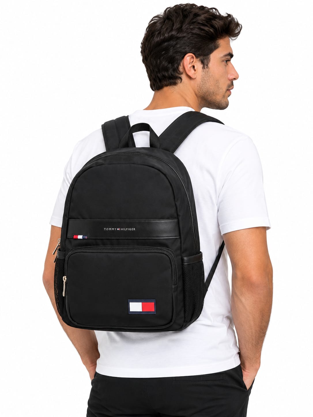 Tommy Hilfiger Black Backpack with Zipper Closure and Adjustable Shoulder Straps#0076