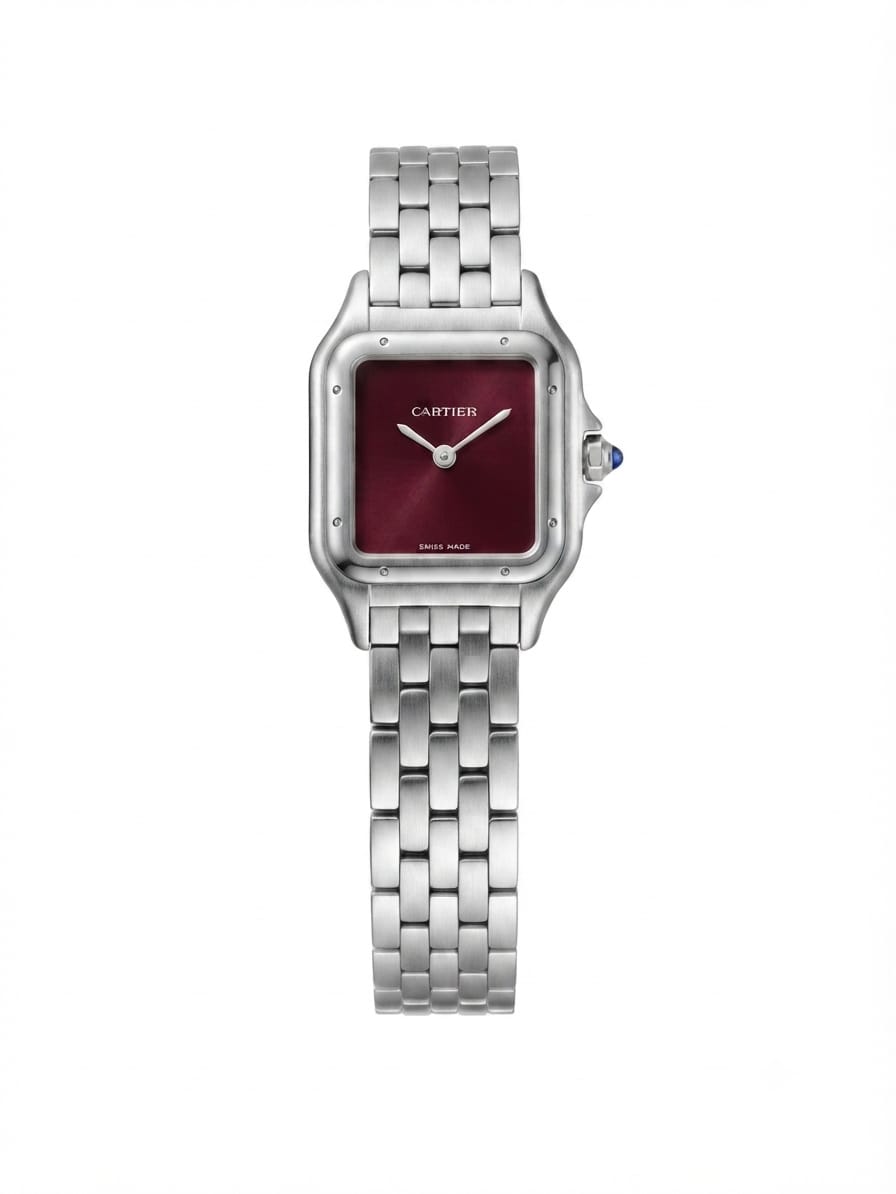 Cartier Panthère-Inspired Women’s Silver-Tone Square Watch with Burgundy Dial (Small Case) Dimensions: 25.1 × 18.5 mm