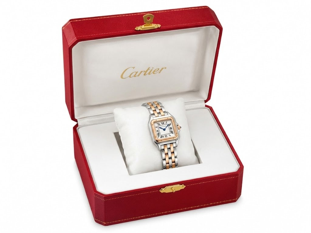 Cartier Women's Small Square Two-Tone Stainless Steel Watch with White Dial & Rose Gold Accents  Dimensions: 25.1 × 18.5 mm