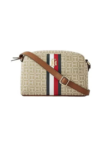 Tommy Hilfiger icons Women's Crossbody Bag – Beige Monogram Shoulder Bag with Adjustable Strap#001