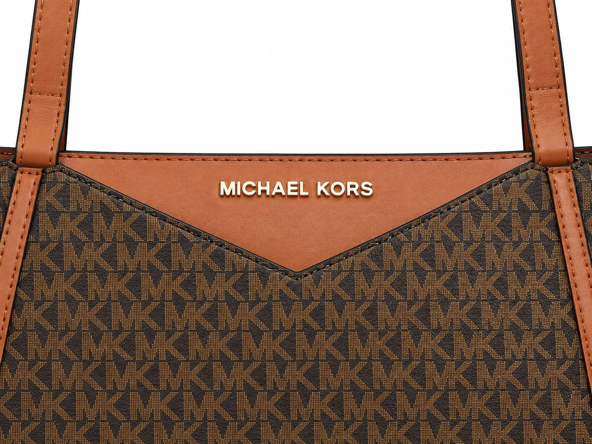 Michael Kors Brown Signature Monogram Large Tote Bag – Tan Leather Trim#0069