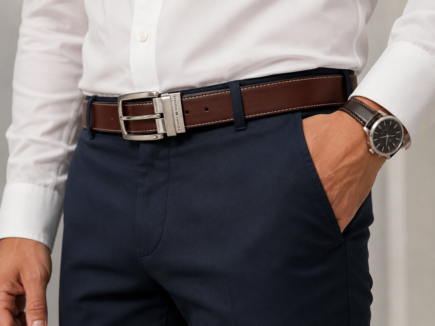 Tommy Hilfiger Men's Reversible Leather Belt – Black & Brown with Silver-Tone Buckle#07