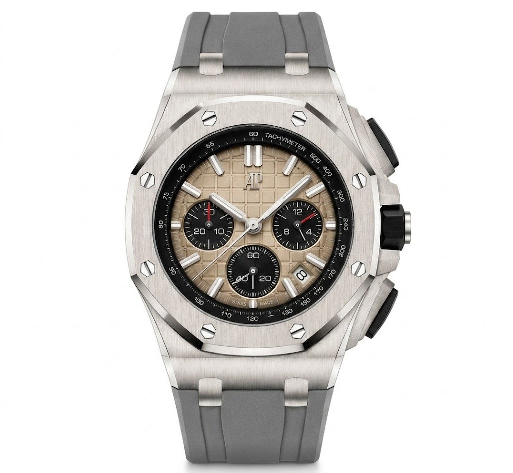 Luxury Royal Oak Offshore Style Chronograph Men’s Watch – Silver with Grey Rubber Strap