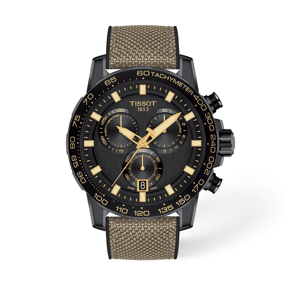 Tissot Supersport Chrono Men's Swiss Quartz Chronograph Watch T125.617.37.051.01 – 45.5 mm, Black Dial & Brown Textile-Leather Strap