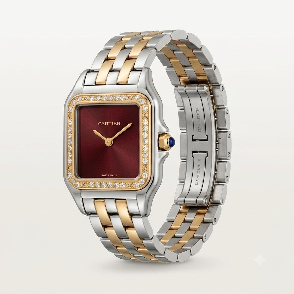 Cartier Panthère Two-Tone Diamond Watch for Men – Burgundy Dial & Stainless Steel Bracelet