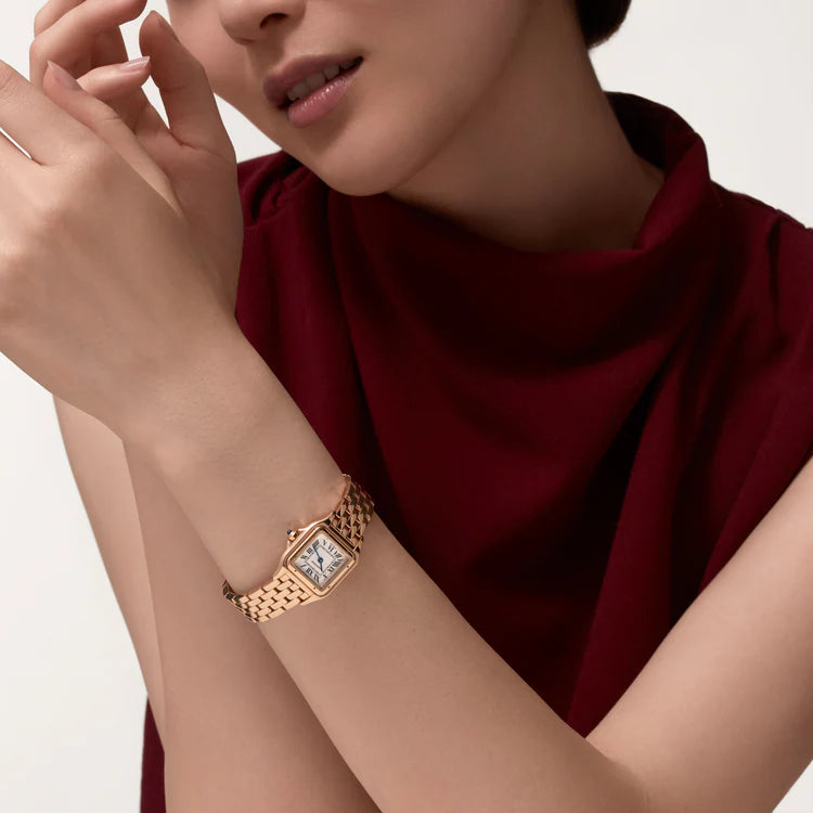 Cartier Panthère-Inspired Women’s Rose Gold-Tone Square Watch with White Dial (Small Case) Dimensions: 25.1 × 18.5 mm
