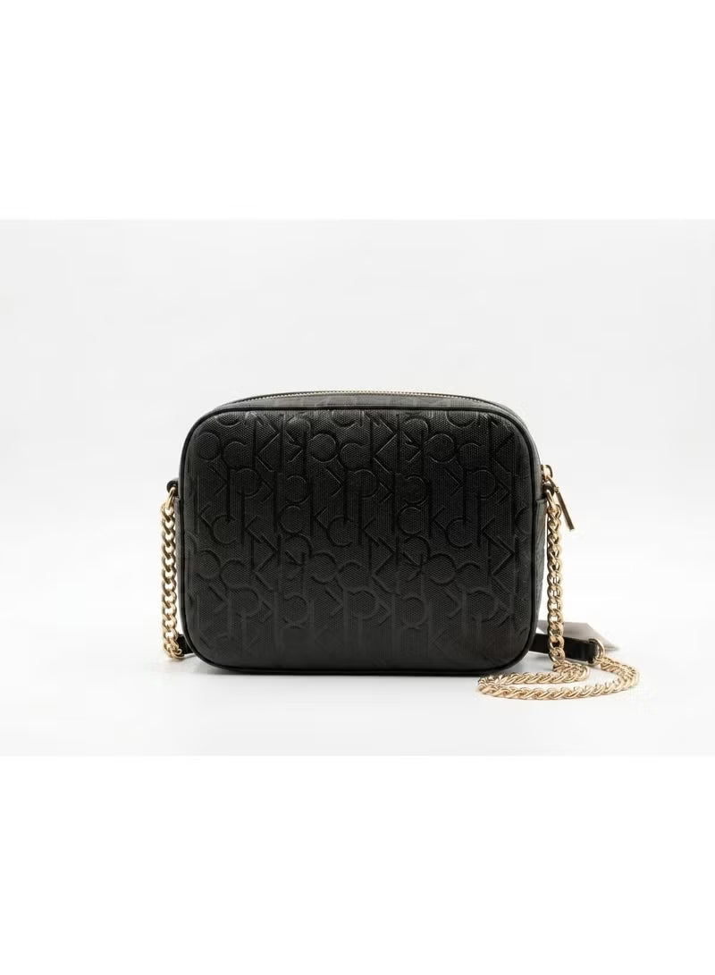 Calvin Klein Women's Embossed Monogram Camera Crossbody Bag with Gold Chain Strap - Black #0025