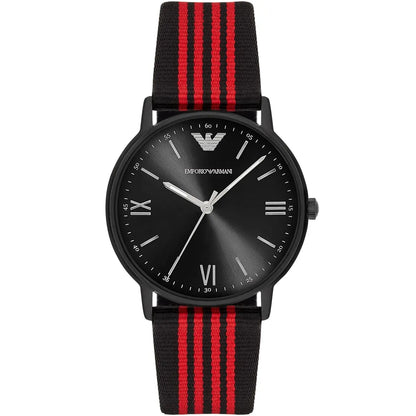Emporio Armani Men’s Watch – Model AR11015 | Sporty Elegance with Black & Red Fabric Strap