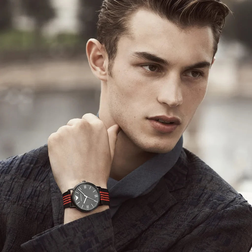 Emporio Armani Men’s Watch – Model AR11015 | Sporty Elegance with Black & Red Fabric Strap