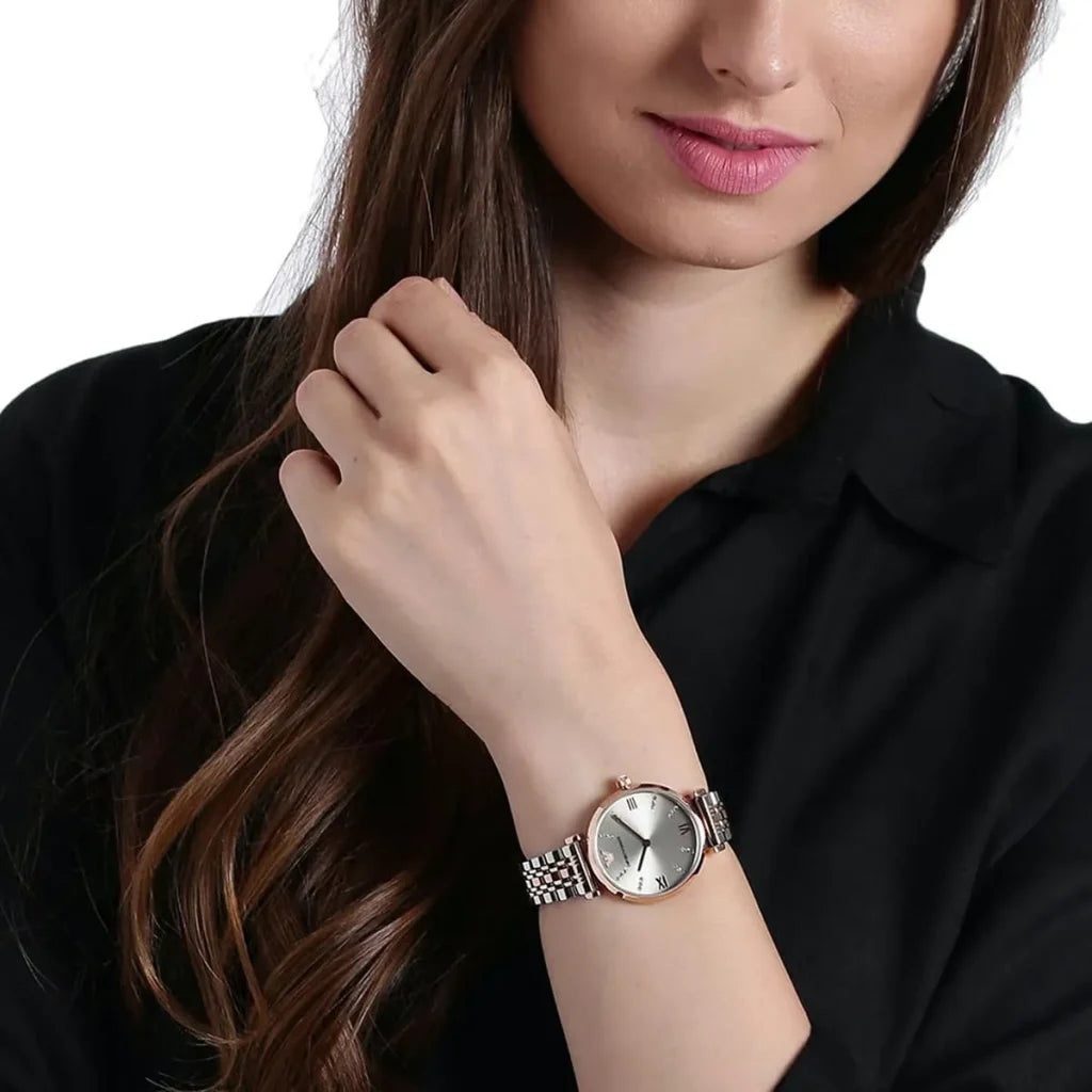 Emporio Armani Gianni T-Bar AR11223 Women’s Watch – Pink Dial Two-Tone Stainless Steel Elegant Fashion Watch