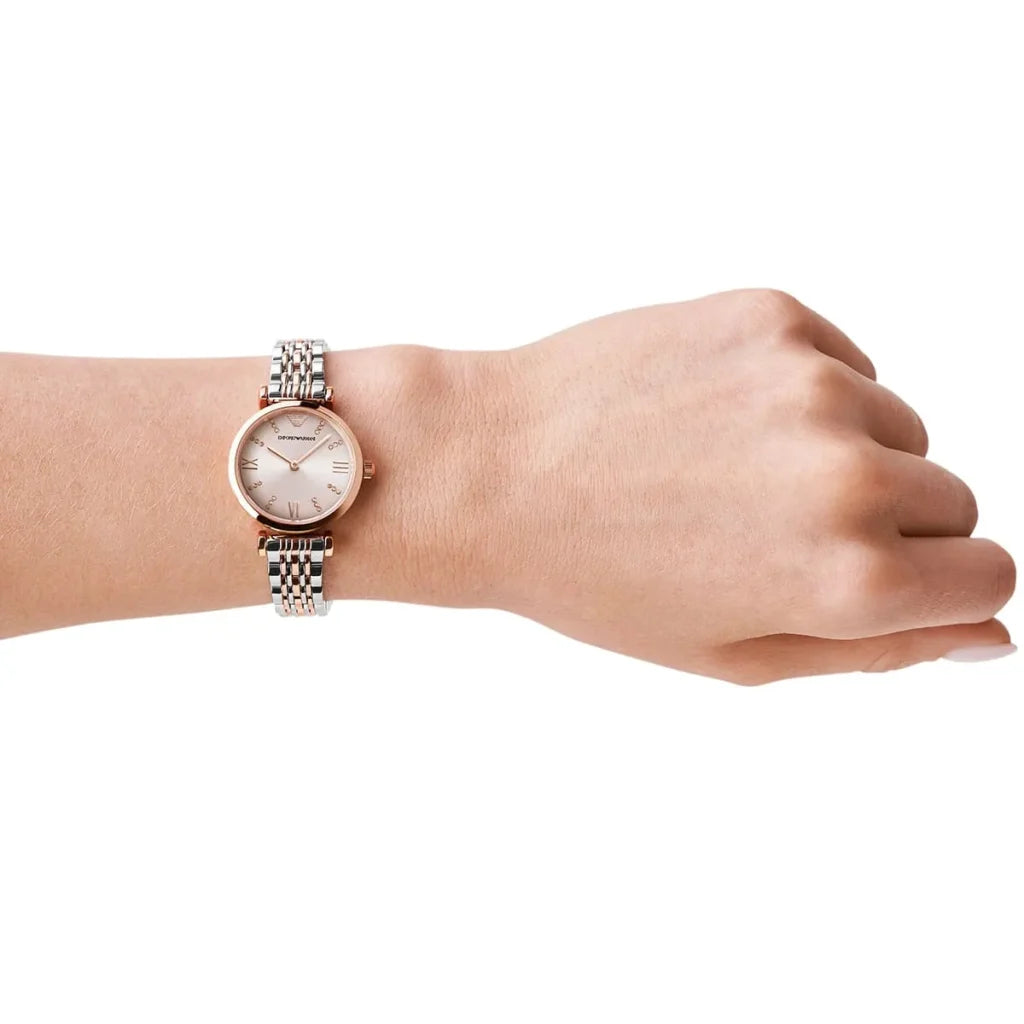 Emporio Armani Gianni T-Bar AR11223 Women’s Watch – Pink Dial Two-Tone Stainless Steel Elegant Fashion Watch