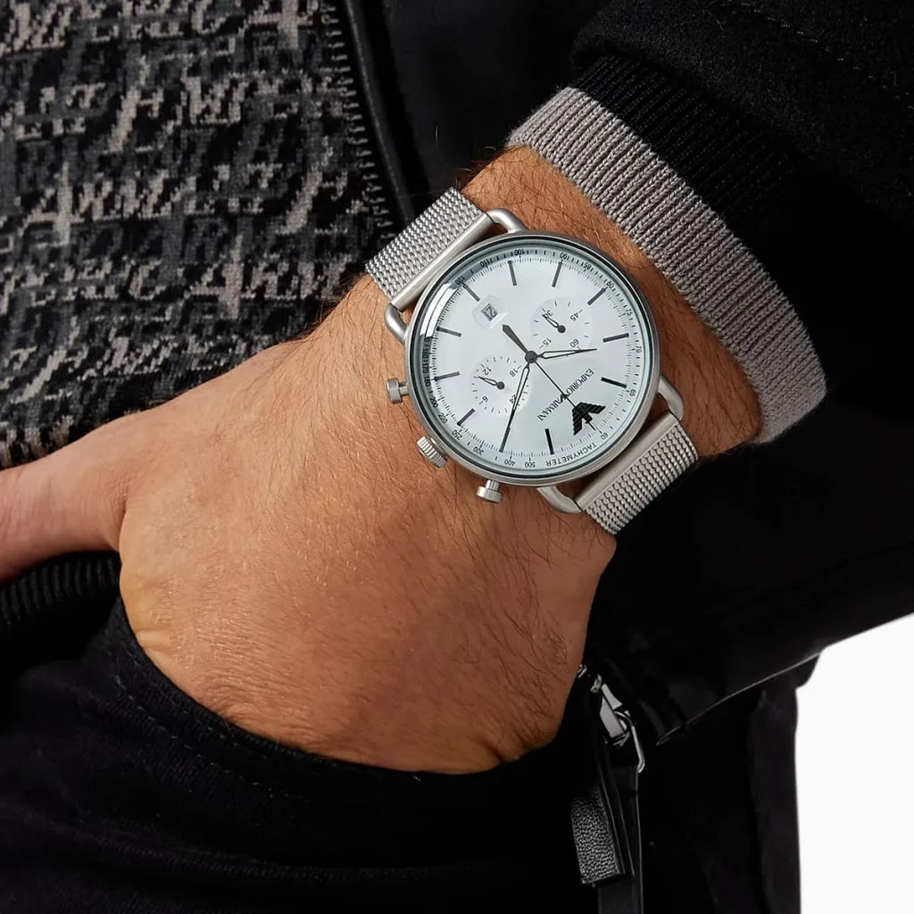 Emporio Armani Aviator AR11288 Men’s Watch – Silver Dial Stainless Steel Elegant Pilot Style Fashion Watch
