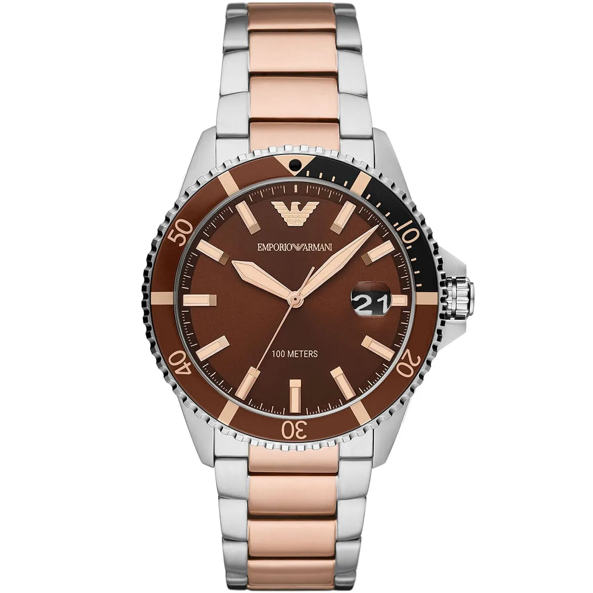 Emporio Armani Diver AR11340 Men’s Watch – Brown Dial Two-Tone Stainless Steel Sport Luxury Watch