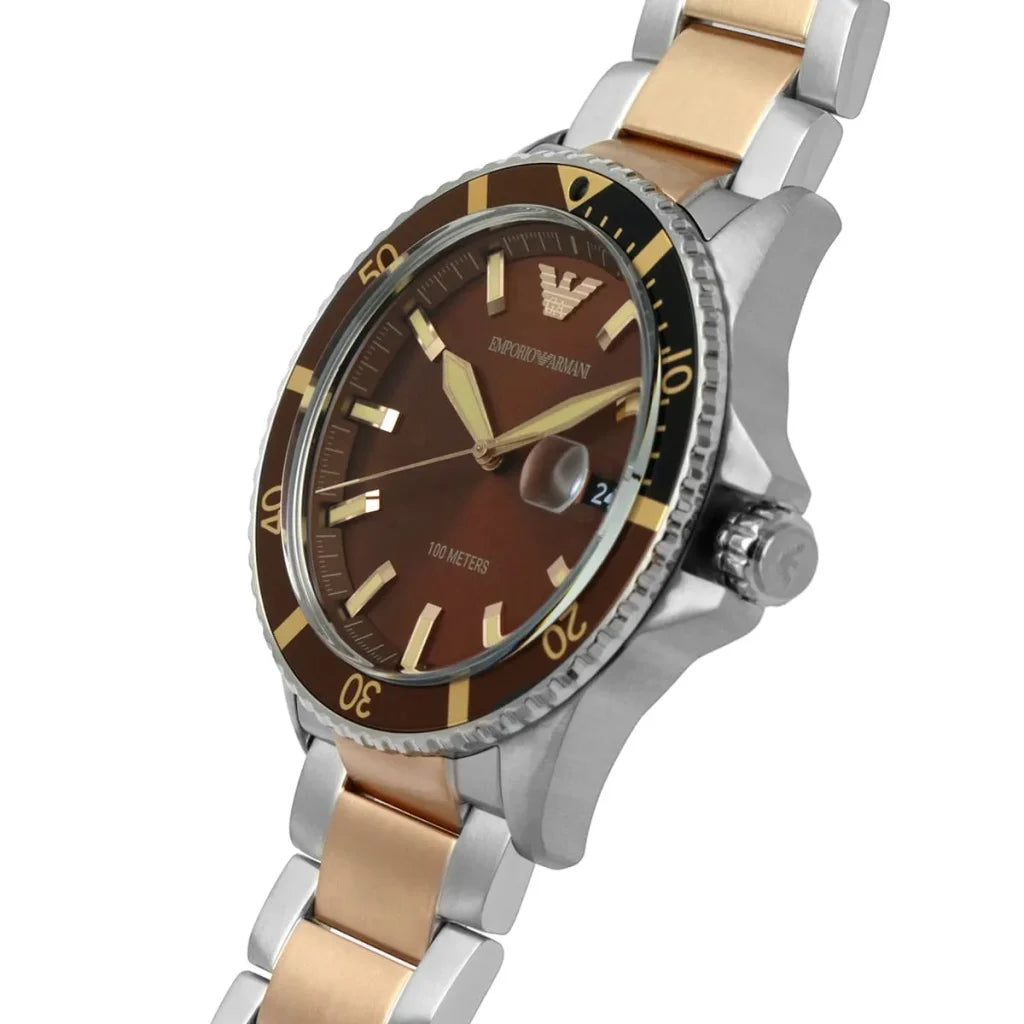 Emporio Armani Diver AR11340 Men’s Watch – Brown Dial Two-Tone Stainless Steel Sport Luxury Watch