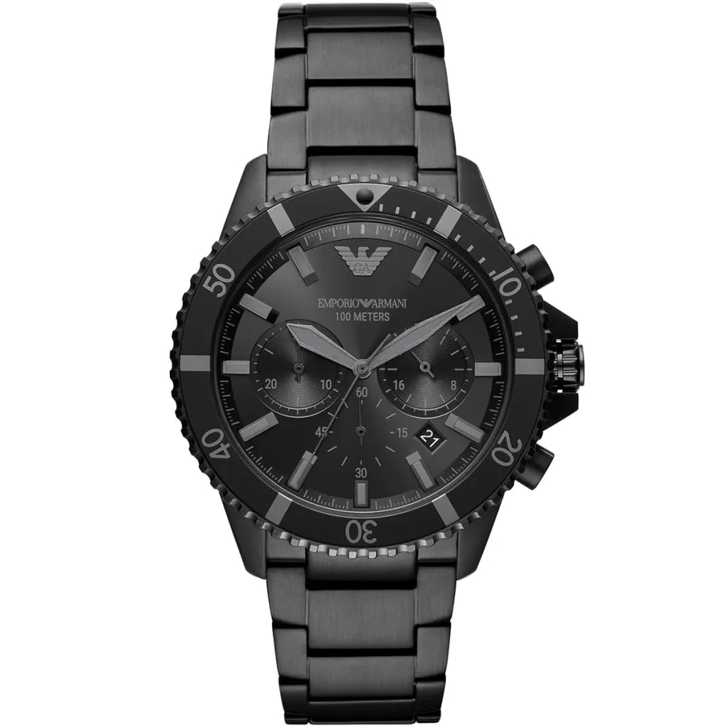 Emporio Armani AR11363 Diver Men's Watch – Black Dial, Black Stainless Steel Bracelet, 43mm Quartz, 100M Water Resistant