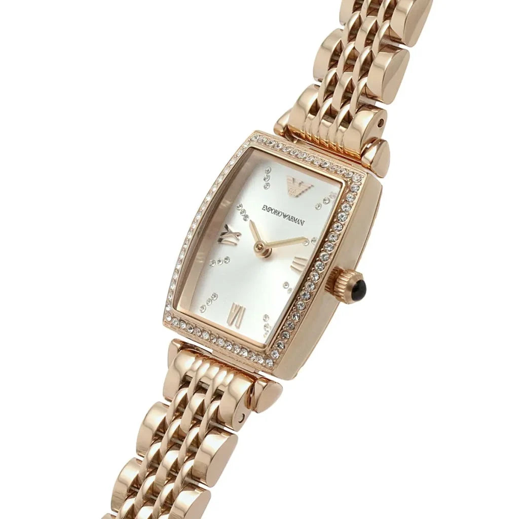 Emporio Armani Gianni T-Bar AR11406 Women’s Watch – Square Silver Dial Rose Gold Stainless Steel Elegant Fashion Watch