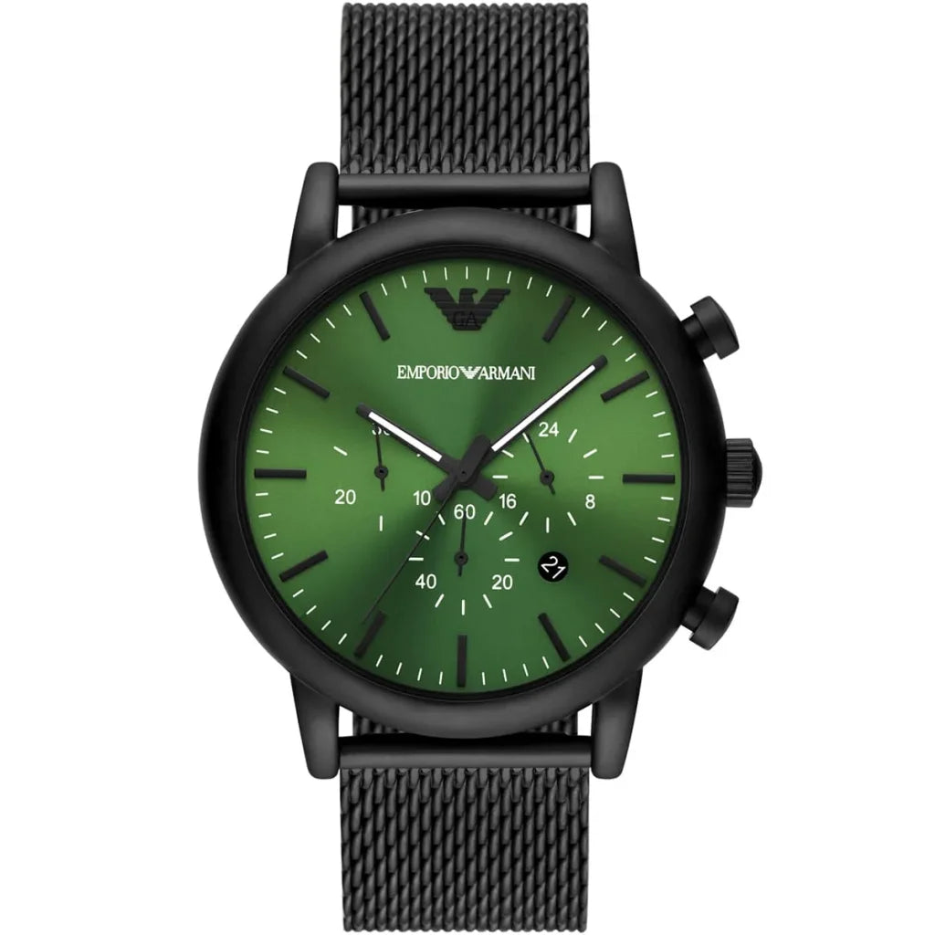 Emporio Armani AR11470 Luigi Men's Chronograph Watch – Green Dial, Black Stainless Steel Strap, 46mm Quartz
