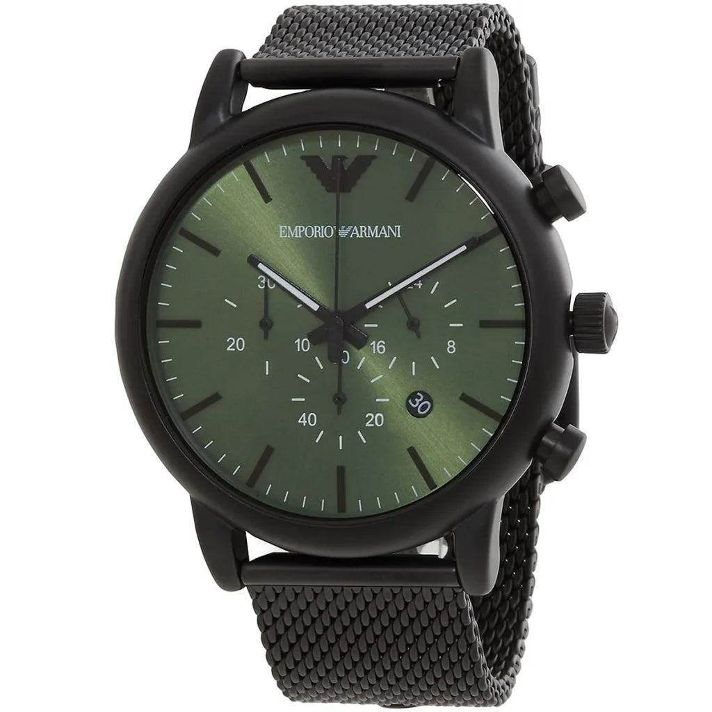 Emporio Armani AR11470 Luigi Men's Chronograph Watch – Green Dial, Black Stainless Steel Strap, 46mm Quartz