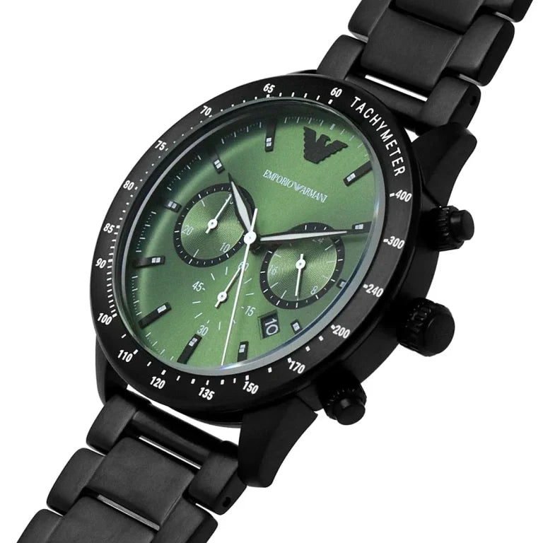 Emporio Armani AR11472 Men’s Analog Watch – 43mm Green Dial with Black Stainless Steel Strap