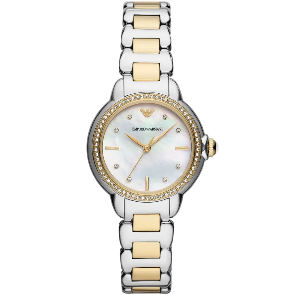 Emporio Armani Women’s Mia AR11524 Two-Tone Stainless Steel Watch – White Mother of Pearl Dial, 32mm