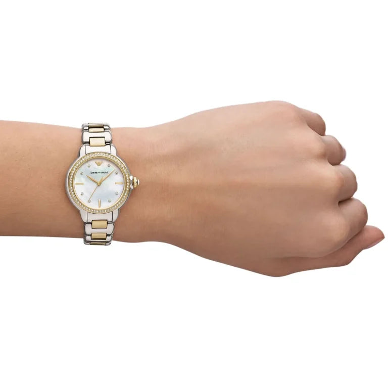Emporio Armani Women’s Mia AR11524 Two-Tone Stainless Steel Watch – White Mother of Pearl Dial, 32mm