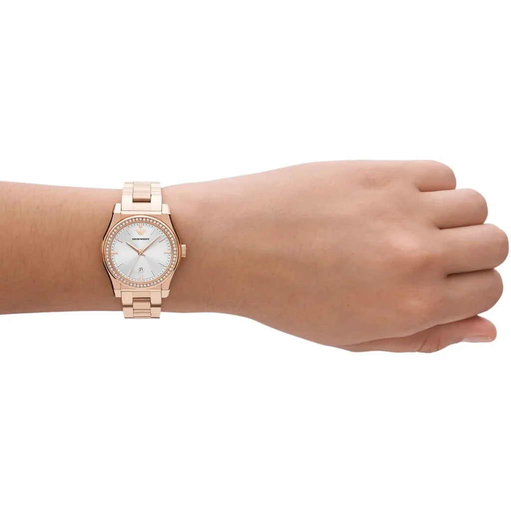 Emporio Armani AR11558 Women’s Rose Gold Stainless Steel Watch – Elegant Silver Dial 32mm