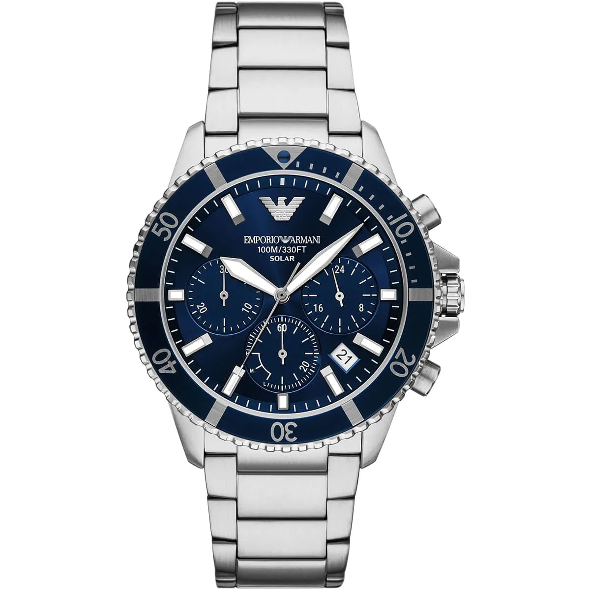 Emporio Armani World Explorer Men's Quartz Watch AR11681 – 43 mm, Blue Dial & Silver Stainless Steel Bracelet