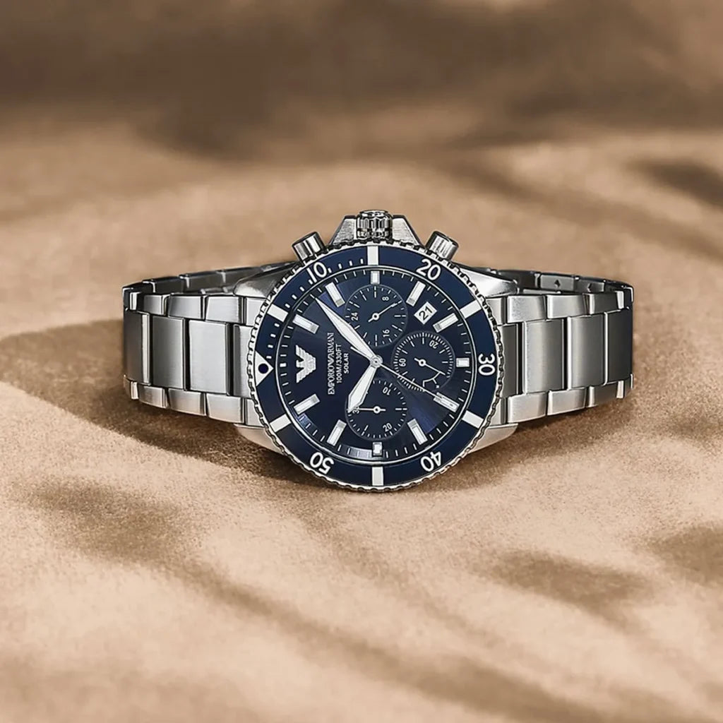 Emporio Armani World Explorer Men's Quartz Watch AR11681 – 43 mm, Blue Dial & Silver Stainless Steel Bracelet