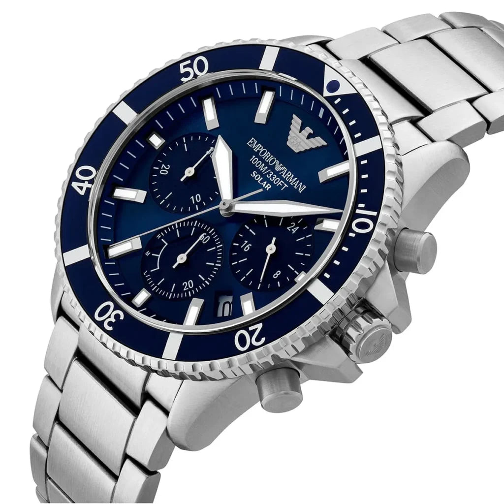 Emporio Armani World Explorer Men's Quartz Watch AR11681 – 43 mm, Blue Dial & Silver Stainless Steel Bracelet