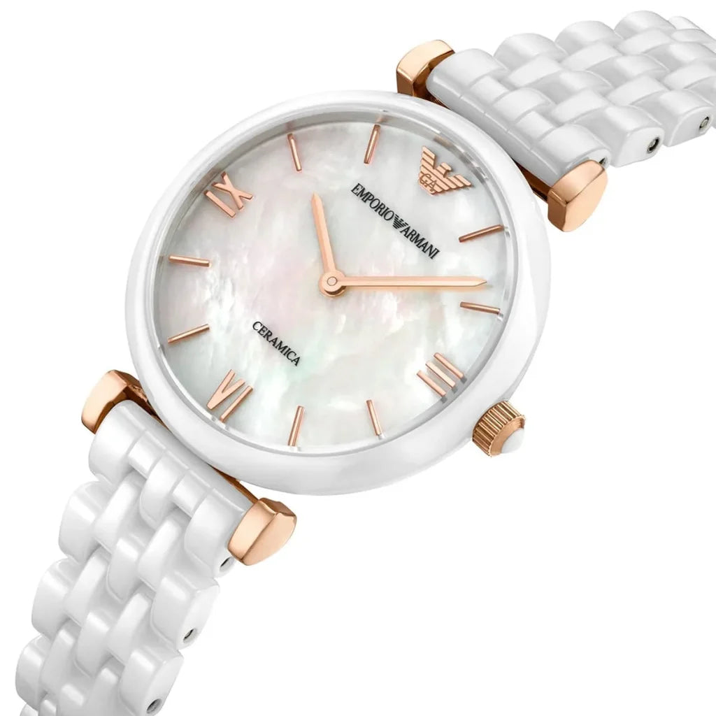 Emporio Armani Gianni T-Bar AR1486 Women’s Watch – White Ceramic Strap White Dial Elegant Luxury Fashion Watch
