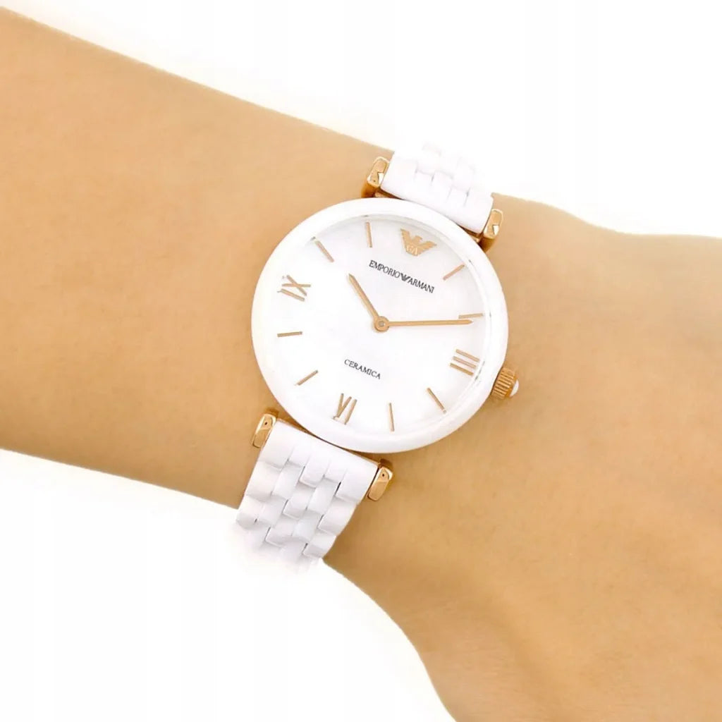 Emporio Armani Gianni T-Bar AR1486 Women’s Watch – White Ceramic Strap White Dial Elegant Luxury Fashion Watch