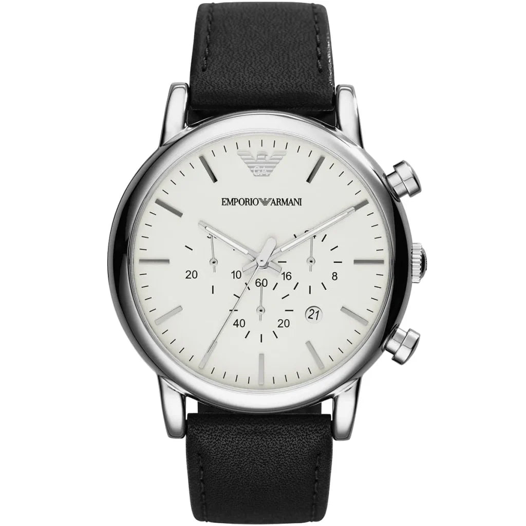 Emporio Armani Luigi XLarge AR1807 Men’s Watch – White Dial & Black Genuine Leather Strap | 46mm Quartz Classic Luxury Timepiece