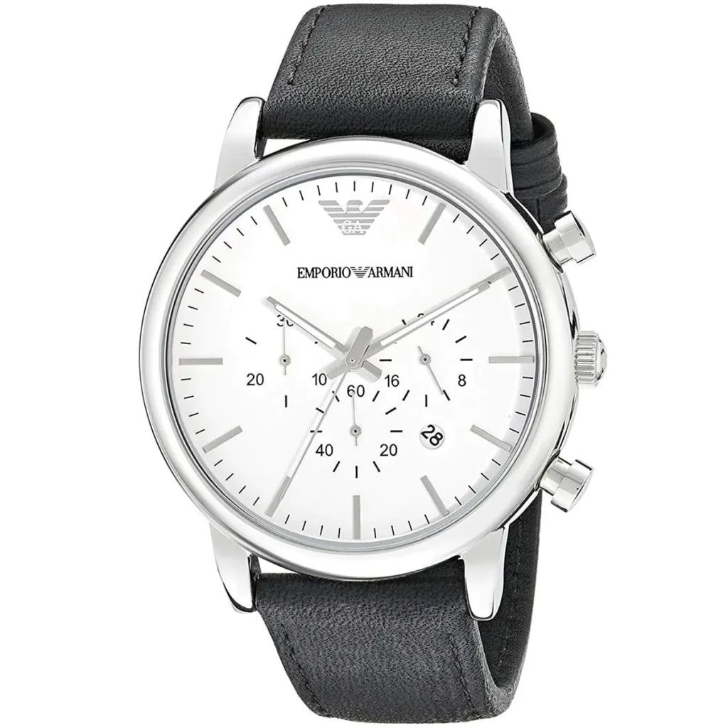 Emporio Armani Luigi XLarge AR1807 Men’s Watch – White Dial & Black Genuine Leather Strap | 46mm Quartz Classic Luxury Timepiece