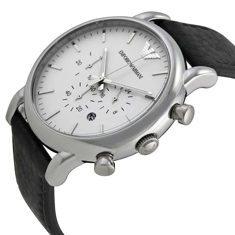 Emporio Armani Luigi XLarge AR1807 Men’s Watch – White Dial & Black Genuine Leather Strap | 46mm Quartz Classic Luxury Timepiece