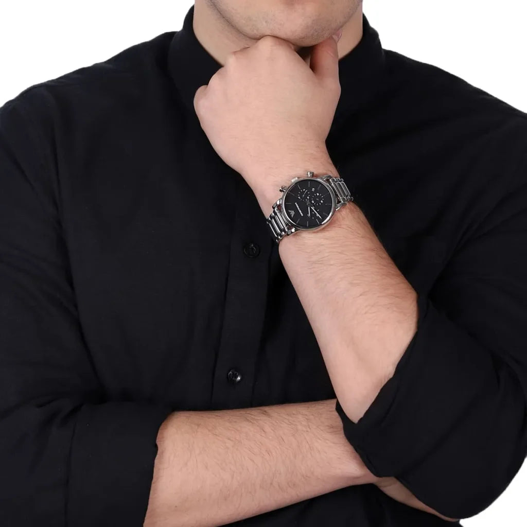 Emporio Armani AR1853 Men’s Watch – Luigi Large Silver Stainless Steel with Black Dial 41mm
