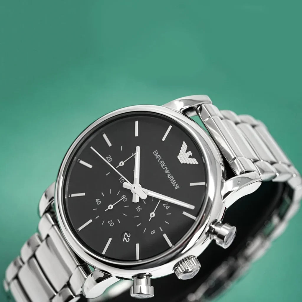 Emporio Armani AR1853 Men’s Watch – Luigi Large Silver Stainless Steel with Black Dial 41mm