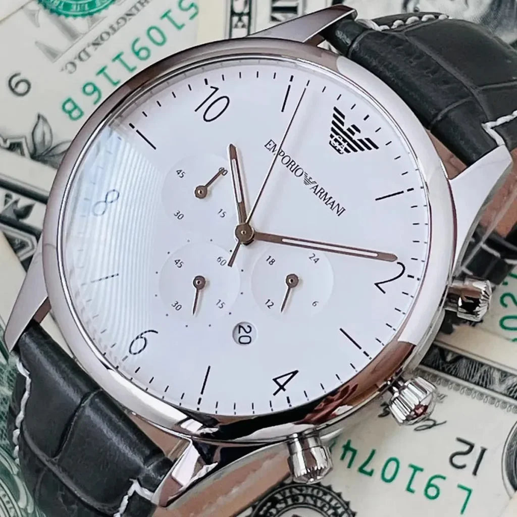 Emporio Armani AR1861 Men’s Watch – Luigi XLarge Gray Genuine Leather Strap with White Dial 46mm