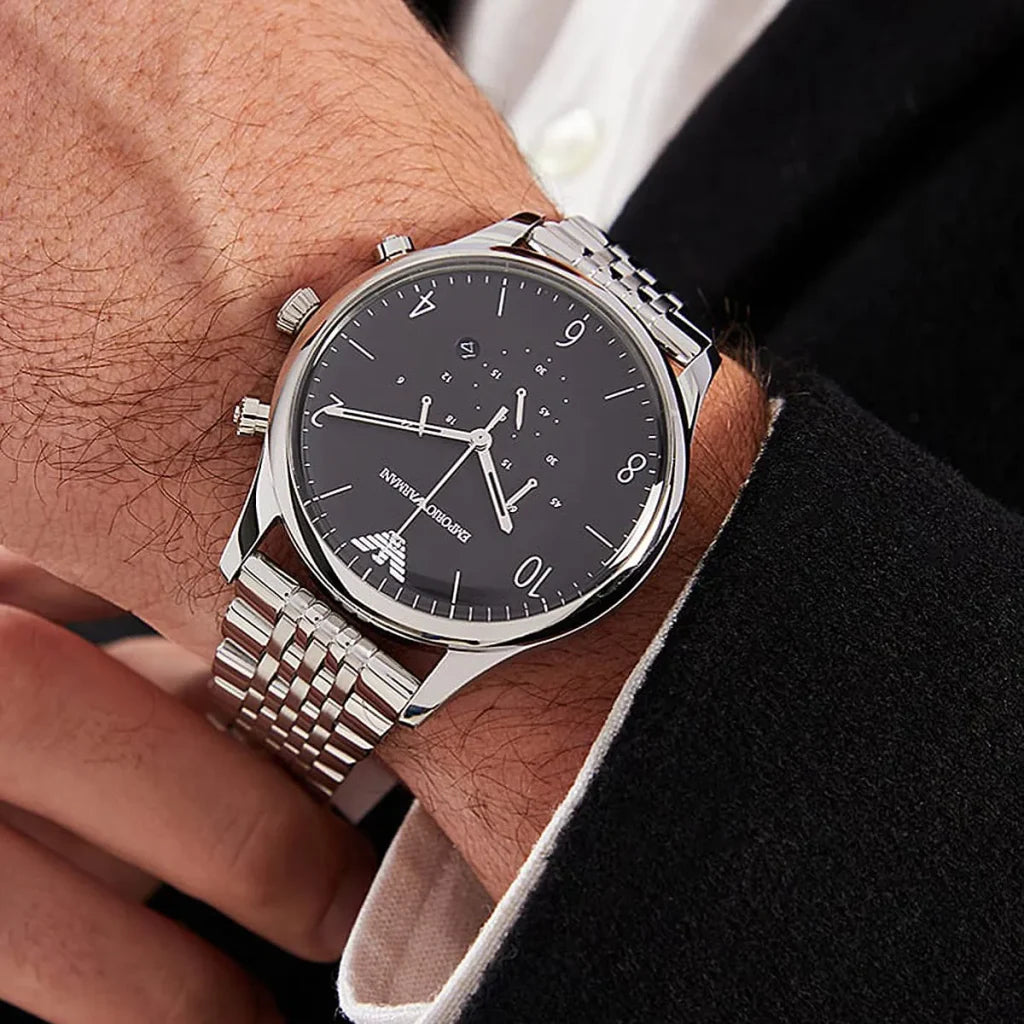 Emporio Armani AR1863 Men’s Watch – Beta Large Silver Stainless Steel with Black Dial 43mm