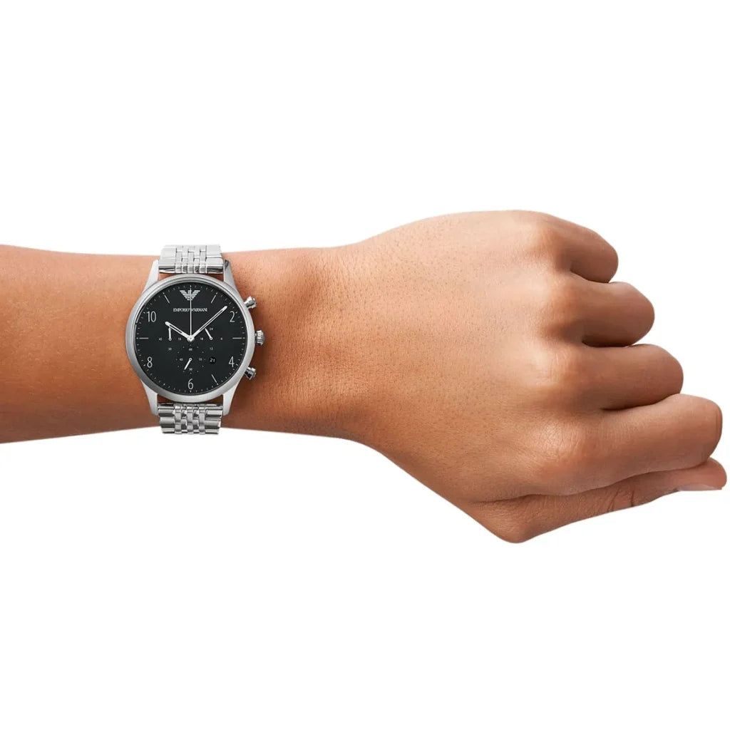 Emporio Armani AR1863 Men’s Watch – Beta Large Silver Stainless Steel with Black Dial 43mm