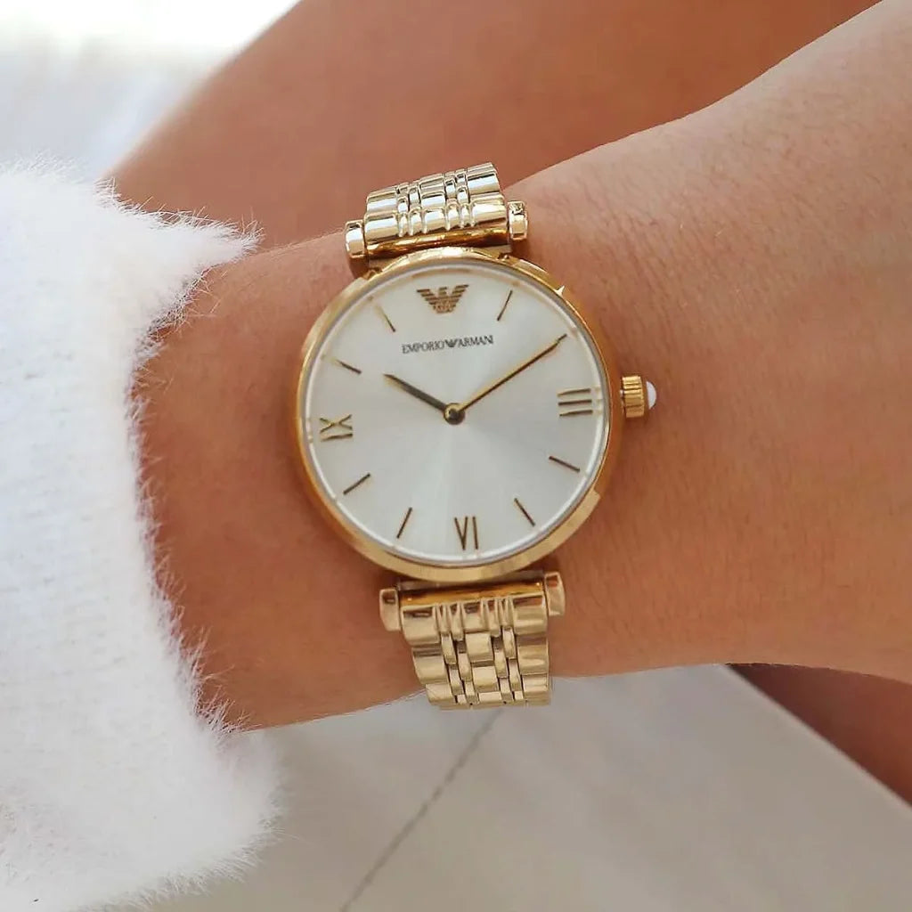 Emporio Armani AR1877 Women’s Watch – Gianni T-Bar Gold Stainless Steel with Silver Dial 32mm