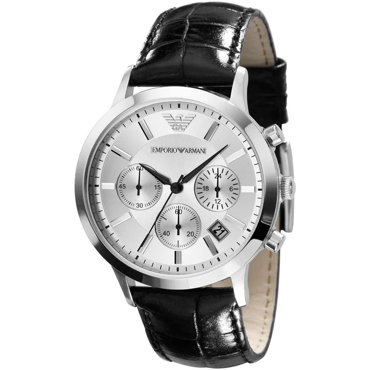 Emporio Armani Renato Uni Men’s Watch AR2436 – Silver Dial, Black Genuine Leather Strap, 39mm