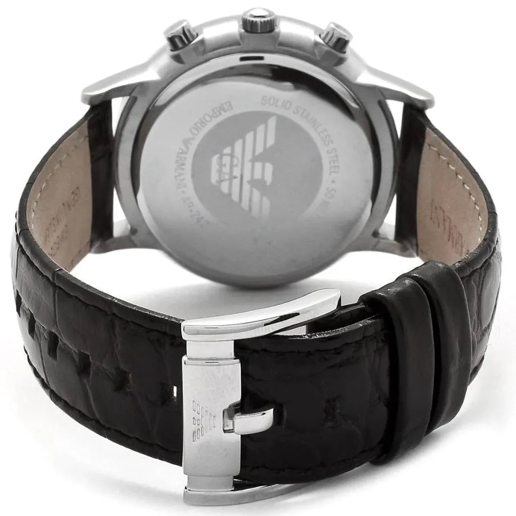 Emporio Armani Renato Uni Men’s Watch AR2436 – Silver Dial, Black Genuine Leather Strap, 39mm