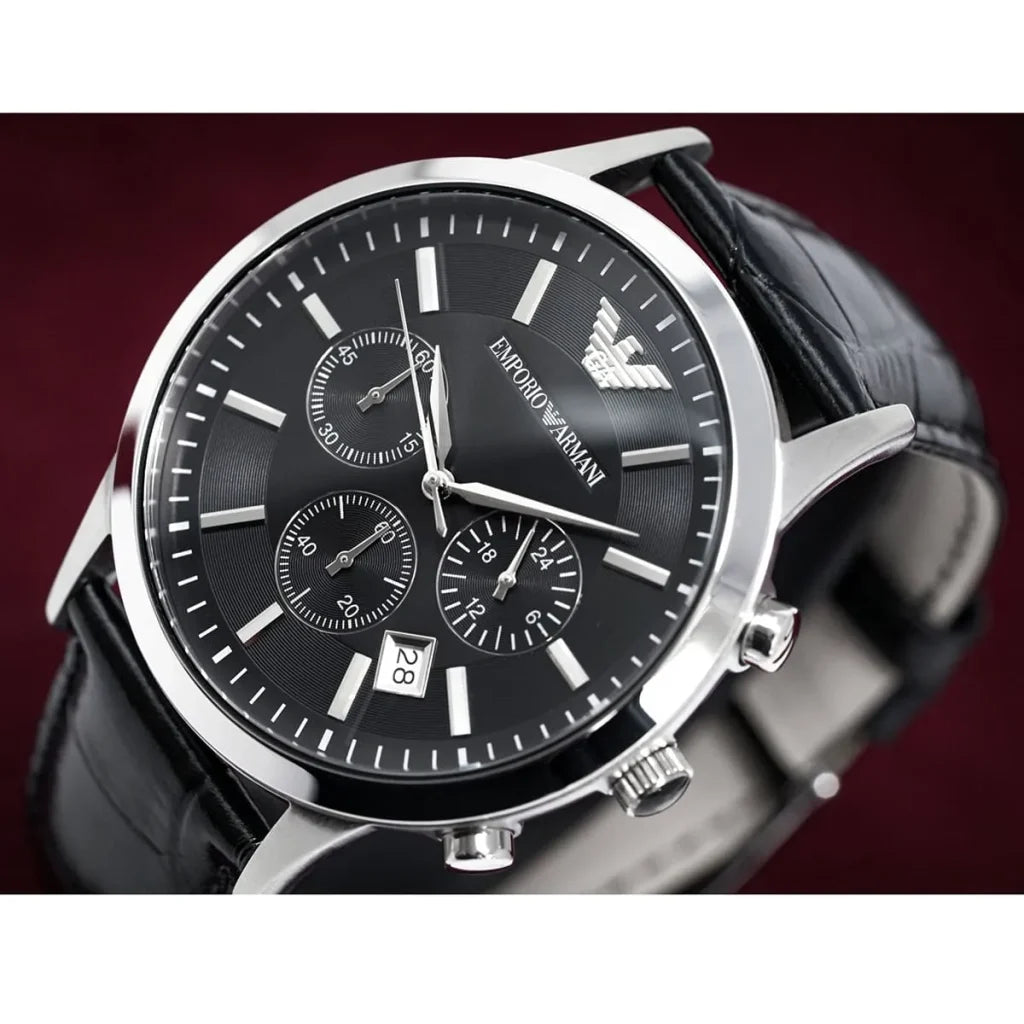 Emporio Armani Emporio Armani Renato Men’s Watch AR2447 – Black Dial with Genuine Leather Strap