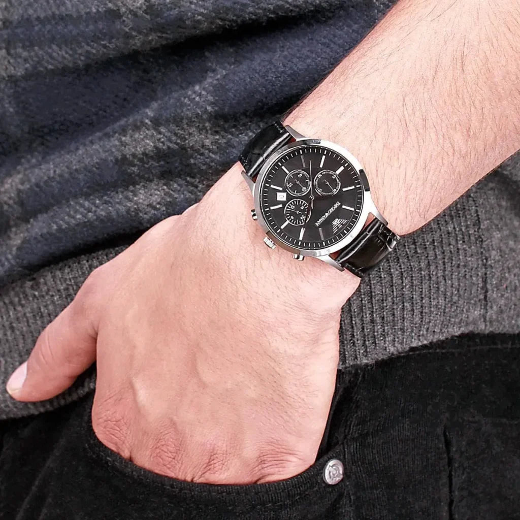 Emporio Armani Emporio Armani Renato Men’s Watch AR2447 – Black Dial with Genuine Leather Strap