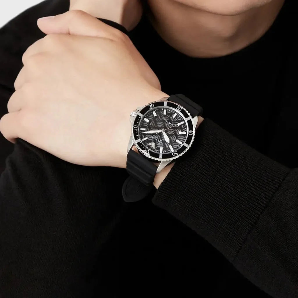 Emporio Armani Men's Automatic Watch AR60062 – 42 mm, Black Dial & Black Silicone Strap