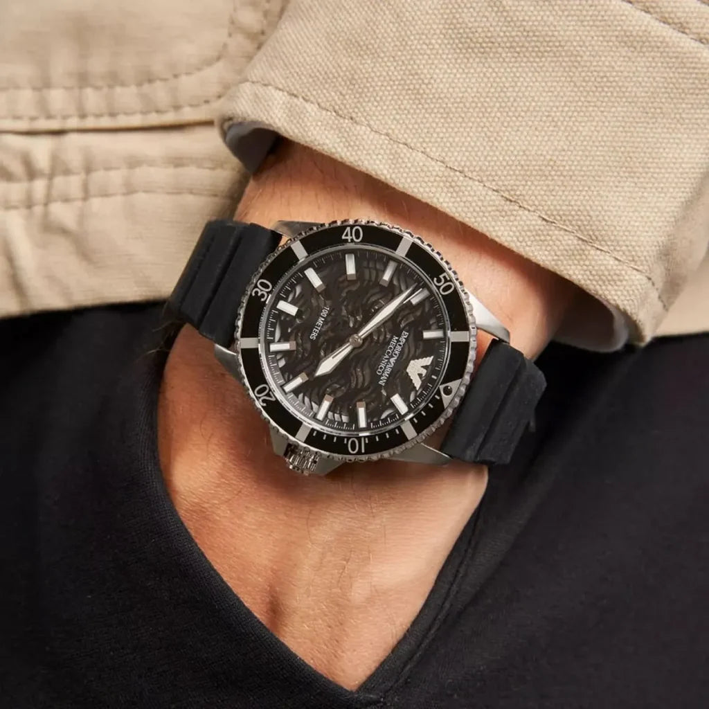 Emporio Armani Men's Automatic Watch AR60062 – 42 mm, Black Dial & Black Silicone Strap