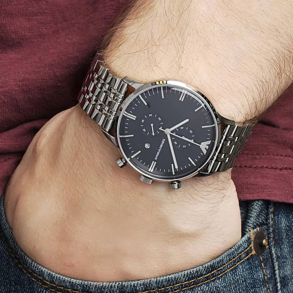 Emporio Armani Gianni AR80013 Men’s Watch – Blue Dial Stainless Steel Elegant Fashion Chronograph-Style Watch